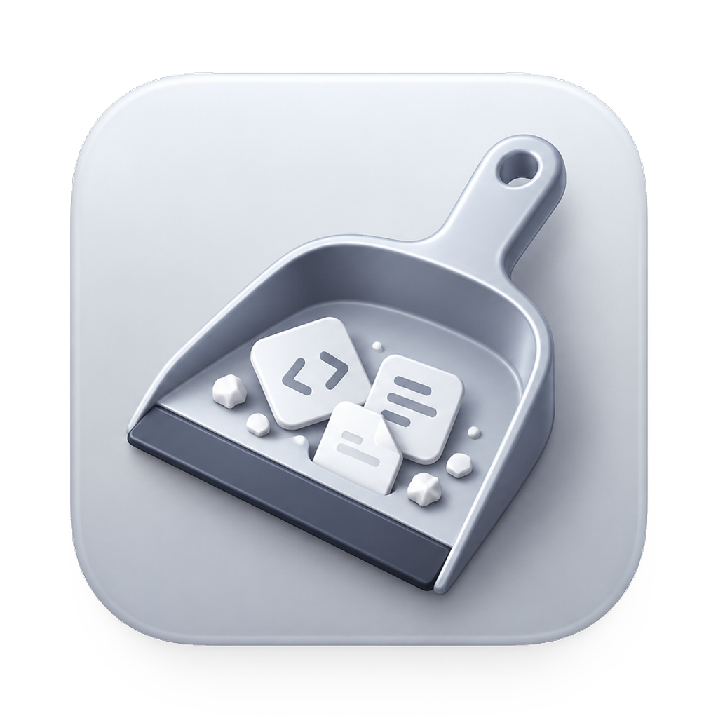 Dustpan app icon: a grey dustpan holding swept-up code and document chips